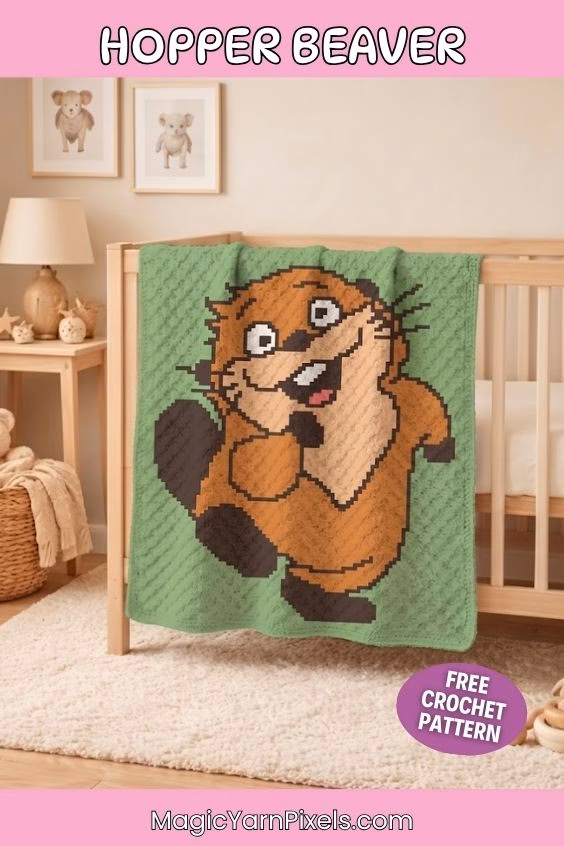 A green crochet blanket hanging on a wooden baby crib, featuring a large, pixel-style cartoon beaver smiling and waving. The image has pink borders with text that reads "Hopper Beaver", "Free Crochet Pattern", and "MagicYarnPixels.com". Original design by Ariana of MagicYarnPixels.