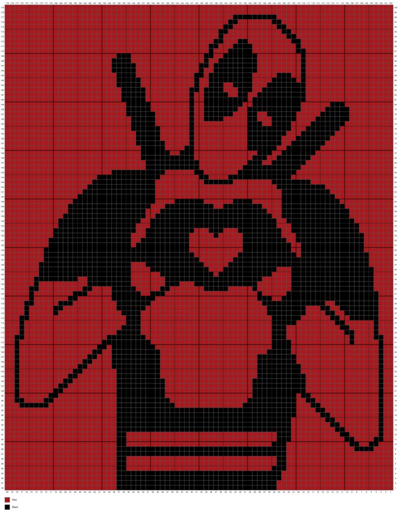 A full digital crochet pixel graph on a red grid background, detailing a black silhouette design of Deadpool forming a heart shape with his gloved hands. The edges of the grid feature numbered row and column markers, and a small color key for red and black yarn blocks is visible in the bottom left corner. Original design by Ariana of MagicYarnPixels.