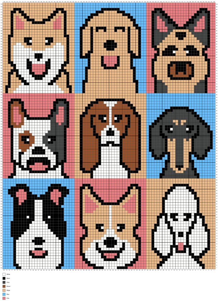 A full-page, colorful pixel graph chart showing a 3x3 grid design of nine different cartoon dog faces. The chart is divided into square grid sections with numbers lining all four borders. A color key located at the bottom left specifies the colors used: white, black, gray, brown, beige, blue, and pink. Original design by Ariana of MagicYarnPixels.