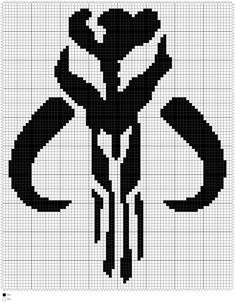 A full-page black and white pixel graph chart displaying the complete grid pattern for a Mandalorian crest Mythosaur skull. The chart features numbered grid lines along the top, bottom, left, and right borders, with a small color key for black and white squares located in the bottom-left corner. Original design by Ariana of MagicYarnPixels.