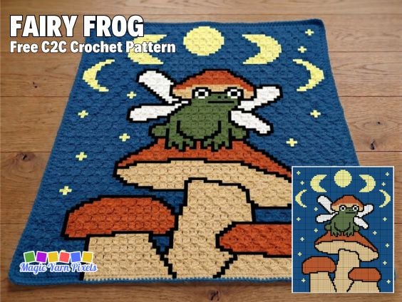 Fairy Frog free C2C crochet pattern blanket with mushrooms, fairy frog, moon, and stars. Original design by Ariana of MagicYarnPixels.