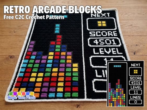 Retro Arcade Blocks C2C crochet blanket featuring colorful falling blocks and a retro game-inspired score panel on a black background. Free crochet pattern by MagicYarnPixels. Original design by Ariana of MagicYarnPixels.