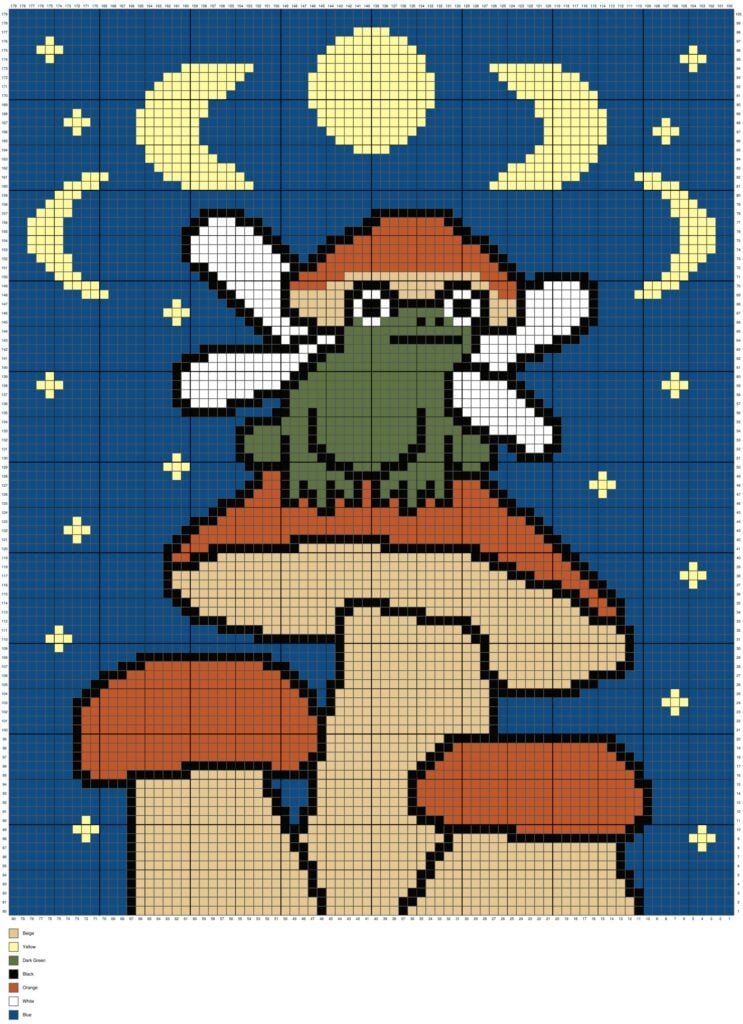 Fairy Frog C2C crochet graph featuring a green fairy frog with white wings sitting on a large mushroom beneath a full moon, crescent moons, and stars on a blue background. The pixel chart includes an 80×100 grid, color legend, and coordinates for C2C crochet. Original design by Ariana of MagicYarnPixels.