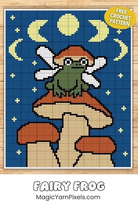 Fairy Frog C2C crochet graph featuring a fairy frog sitting on mushrooms under a moonlit sky. Original design by Ariana of MagicYarnPixels.