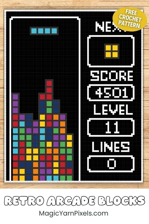 Retro Arcade Blocks C2C crochet graph showing the complete pixel chart with colorful arcade blocks, score panel, and free crochet pattern badge. Original design by Ariana of MagicYarnPixels.