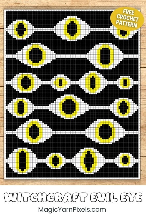 Large Witchcraft Evil Eye C2C crochet blanket displayed indoors with repeating evil eye pattern in black, white, and yellow. Free crochet graph. Original design by Ariana of MagicYarnPixels.