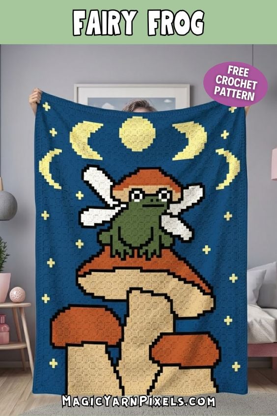 Fairy Frog crochet blanket displayed in a living room with a free C2C crochet pattern. Original design by Ariana of MagicYarnPixels.