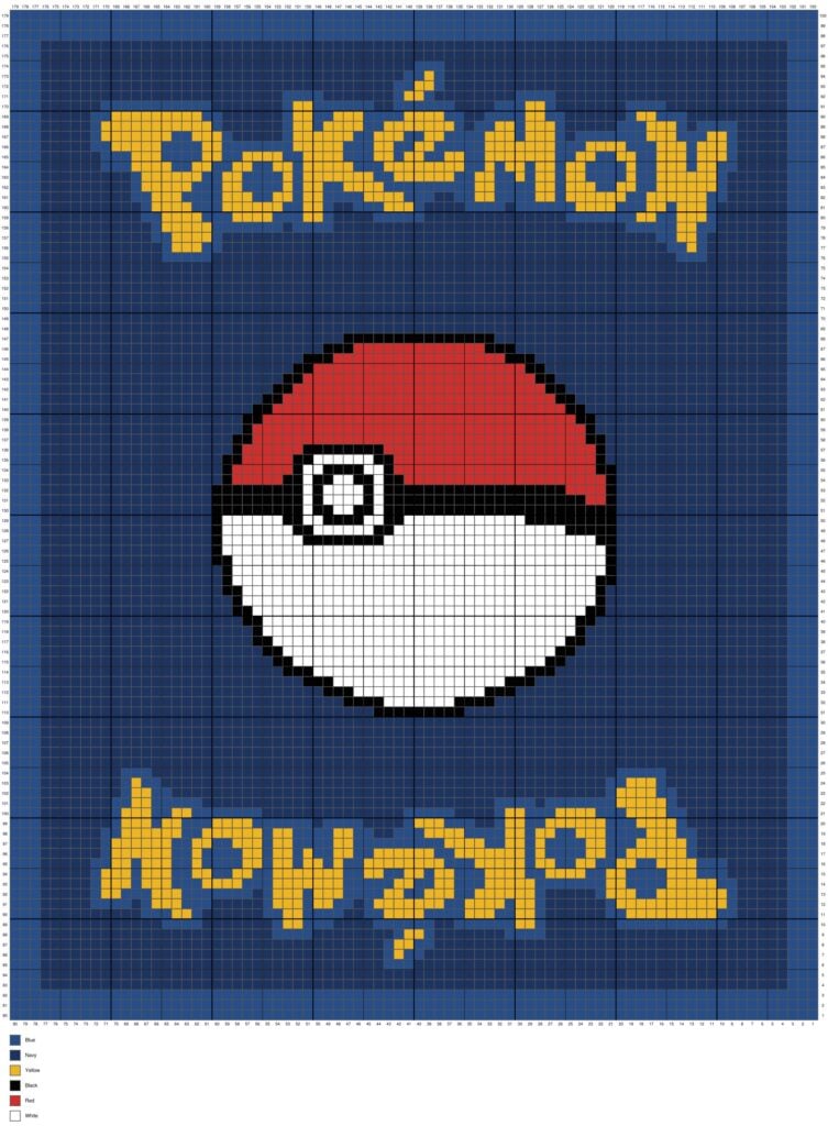 Detailed C2C crochet chart for a Pokémon card-inspired blanket featuring a centered Poké Ball, pixel lettering, numbered grid, and color key for stitching. Original design by Ariana of MagicYarnPixels.