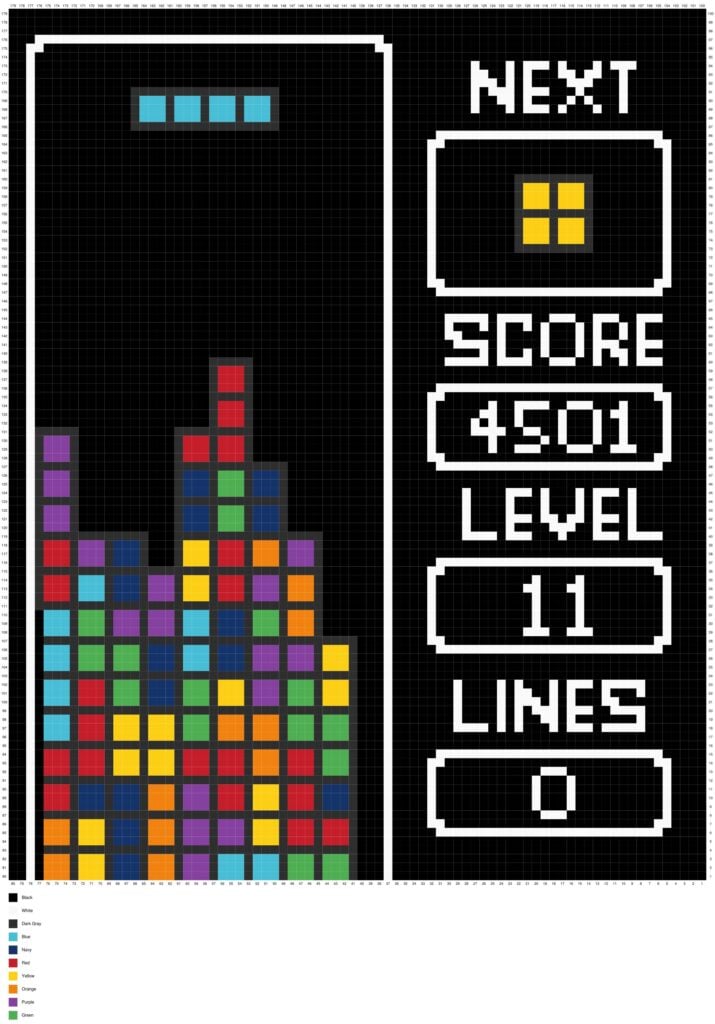 Retro Arcade Blocks C2C crochet graph with an 80 &times; 100 pixel chart featuring colorful arcade blocks, retro game scoreboard, and color key for crocheting. Original design by Ariana of MagicYarnPixels.