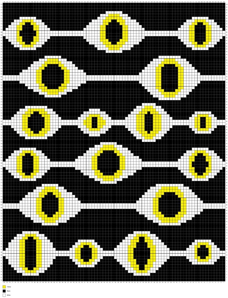 Pixel graph for the Witchcraft Evil Eye C2C crochet blanket pattern featuring repeating evil eye motifs in black, white, and yellow on an 80 x 100 grid. Original design by Ariana of MagicYarnPixels.