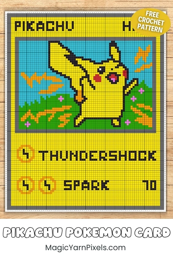 Pinterest graphic featuring the full Pikachu Pok&eacute;mon Card crochet graph with a ruler-style border and a "Free Crochet Pattern" badge. The blanket design resembles a Pok&eacute;mon trading card with Pikachu, lightning effects, green grass, and attack text reading "THUNDERSHOCK" and "SPARK." MagicYarnPixels.com appears below the design. Original design by Ariana of MagicYarnPixels.