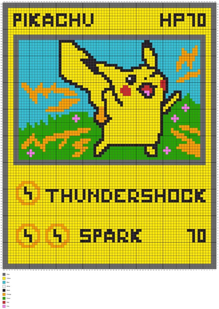Corner-to-corner crochet pattern chart for a Pikachu Pok&eacute;mon Card blanket showing Pikachu in a cheerful pose with lightning bolts, green grass, pink flowers, and a blue sky inside a trading card frame. The chart includes the card title "PIKACHU," "HP70," the attacks "THUNDERSHOCK" and "SPARK," a color legend, and grid coordinates. Original design by Ariana of MagicYarnPixels.