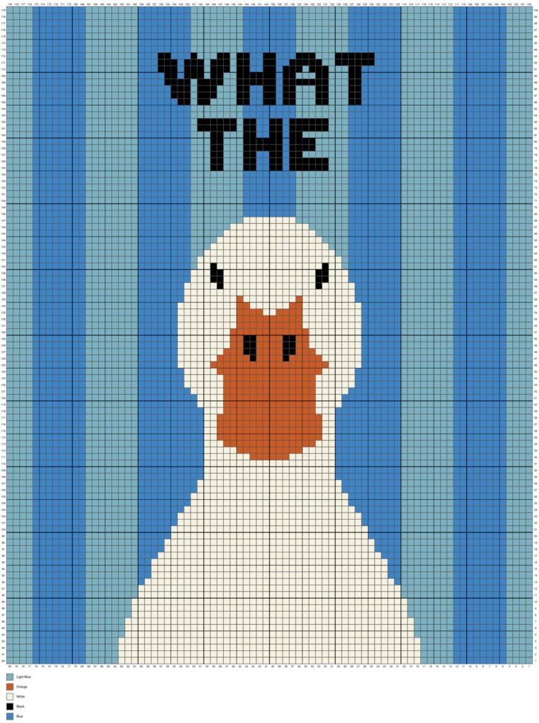 Pixel graph for the "What The Duck" C2C crochet blanket pattern featuring a white duck with an orange bill on blue striped columns and the words "WHAT THE" above the duck. The chart uses blue, light blue, white, orange, and black squares for corner-to-corner crochet. Original design by Ariana of MagicYarnPixels.
